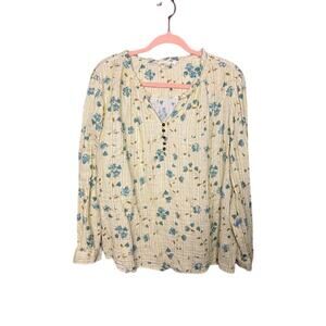 BeachLunchLounge Shirt Women's XL Slubbed Cotton Floral Hawaiian Yellow Light